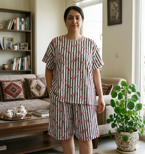 ست ۲تیکه تیشرت شلوارک راحتی زنانه فیلا،برندzdhouse،جنس نخ،بسیار خنک و سبک